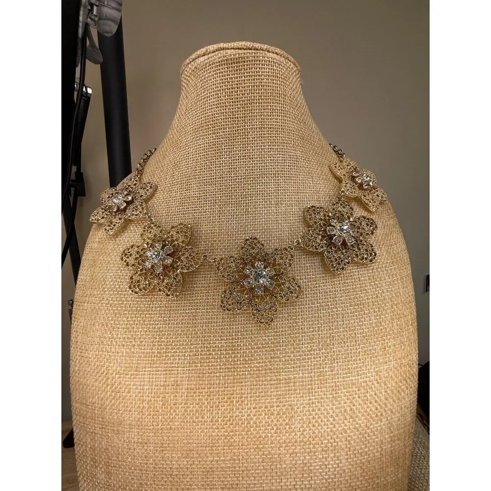 Ann Taylor Gold-Tone Floral Statement Necklace With Crystal Accents Adjustable C - Picture 3 of 11